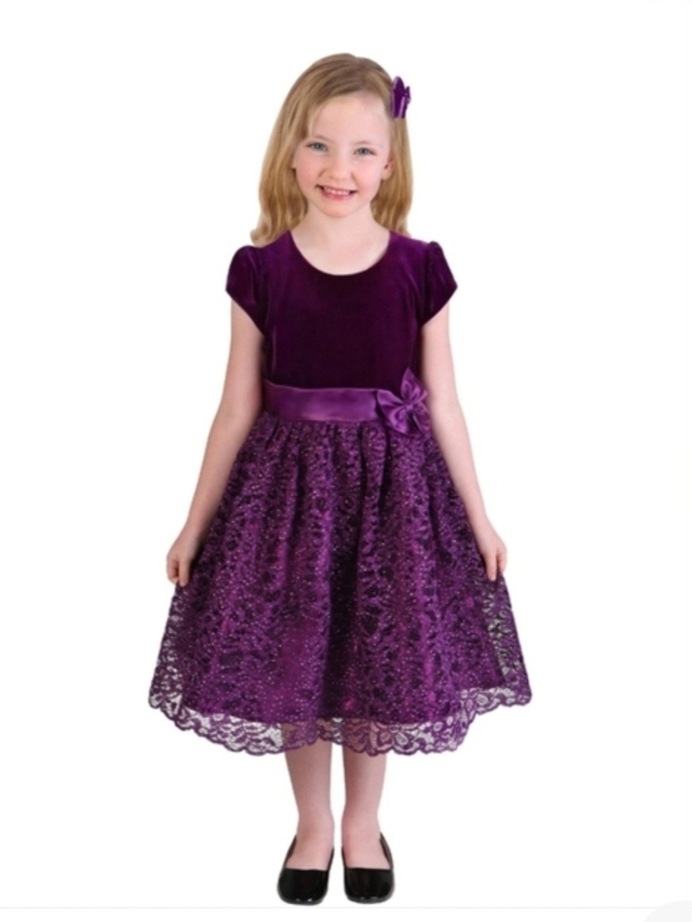 Girls Purple Velvet Lace Party Dress with Satin Waist Bow